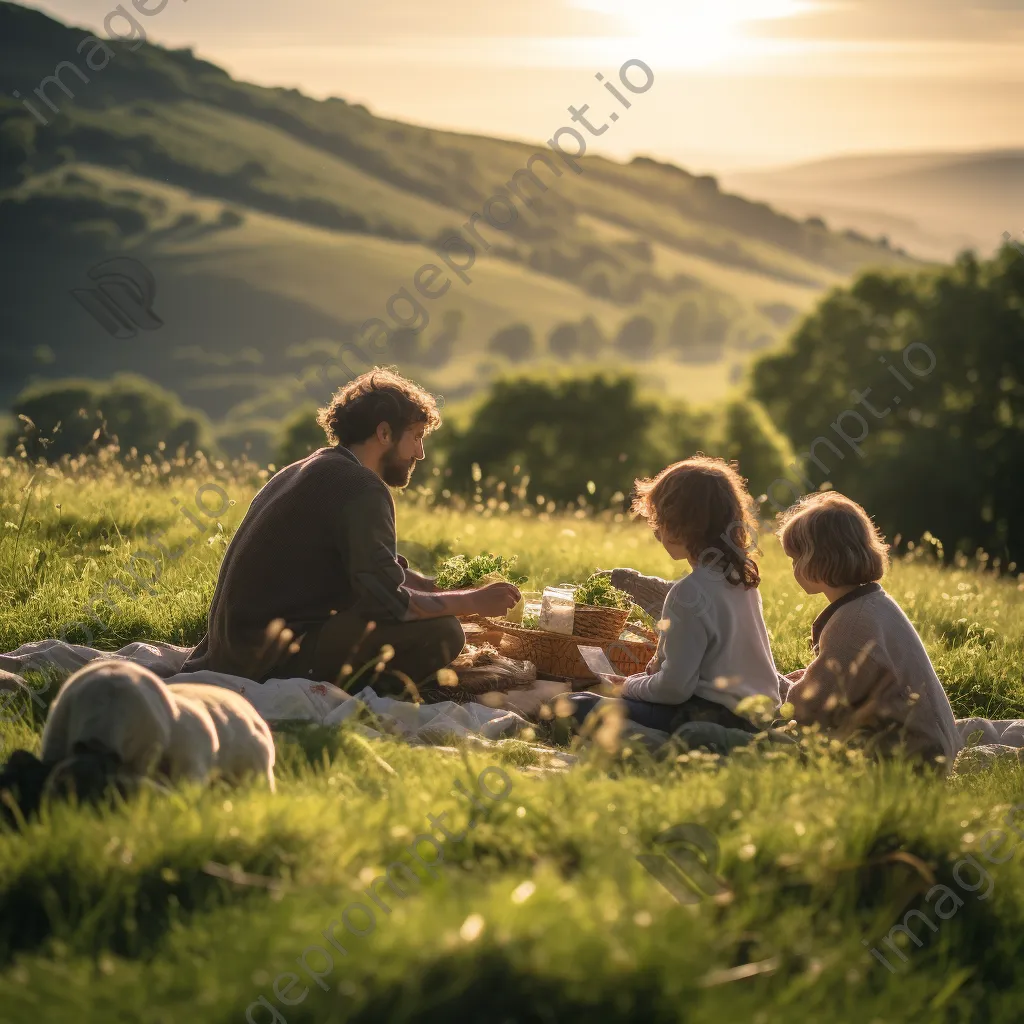 Traditional shepherd family picnic on grassy hill with grazing sheep - Image 2