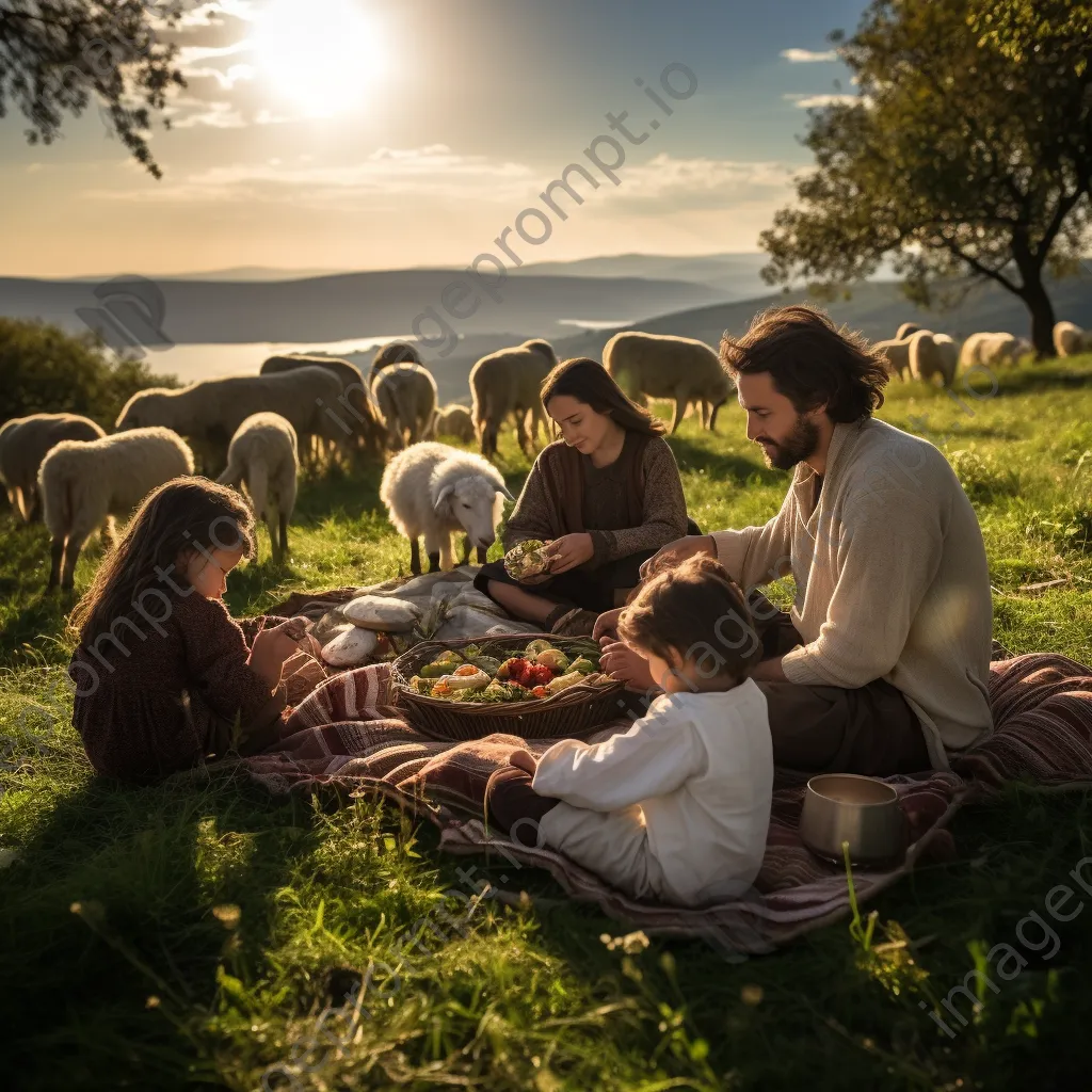 Traditional shepherd family picnic on grassy hill with grazing sheep - Image 3