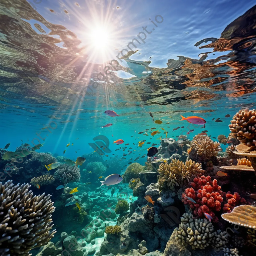 Underwater scene of a colorful coral reef with fish and sunlight - Image 1