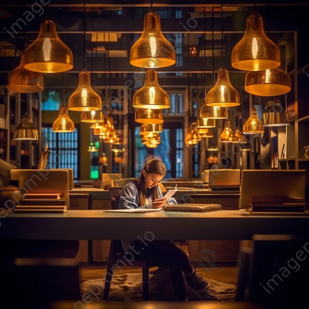 Student studying in a cozy library nook surrounded by bookshelves. - Image 1