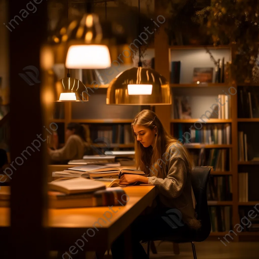 Student studying in a cozy library nook surrounded by bookshelves. - Image 3