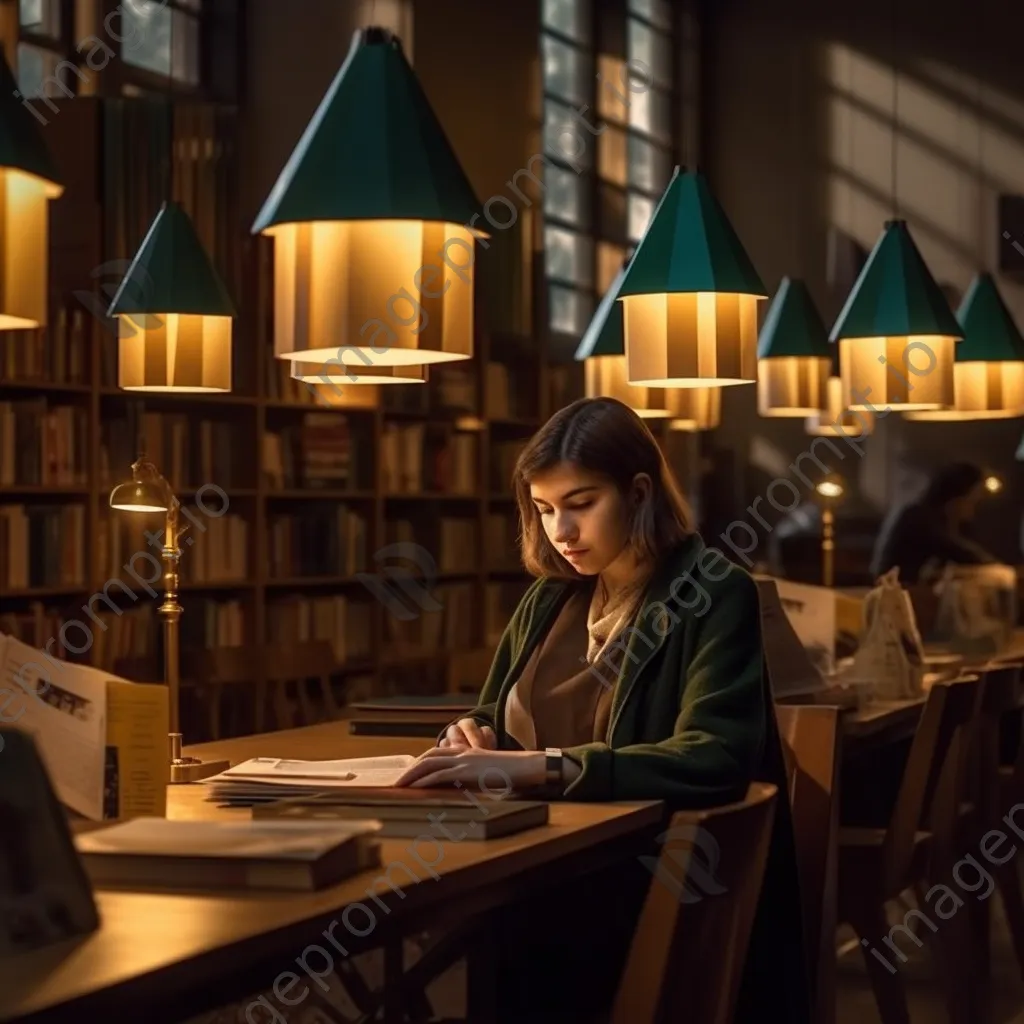 Student studying in a cozy library nook surrounded by bookshelves. - Image 4