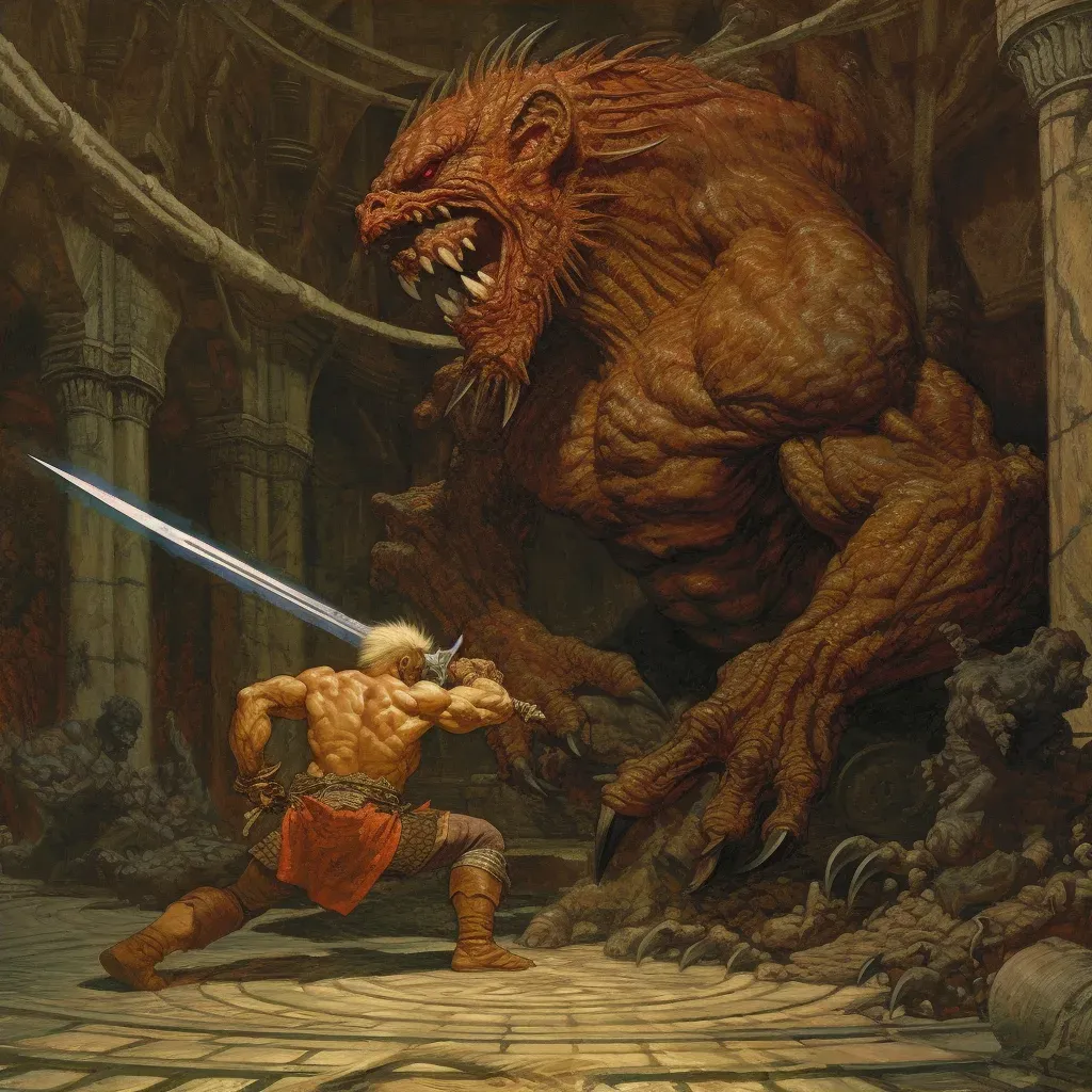 Mythical hero grappling with monstrous foe in dimly lit medieval setting - Image 4