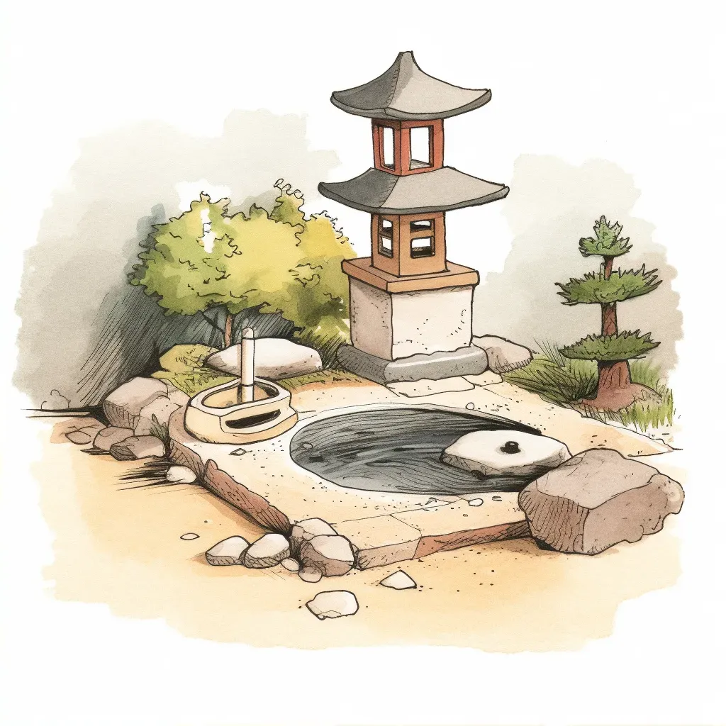 Tranquil Japanese Zen garden with small pond, stone lantern, and raked sand for contemplation - Image 2