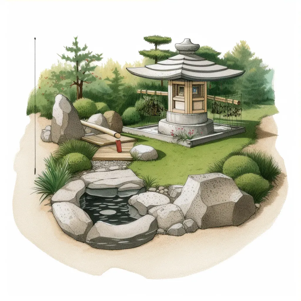 Tranquil Japanese Zen garden with small pond, stone lantern, and raked sand for contemplation - Image 3