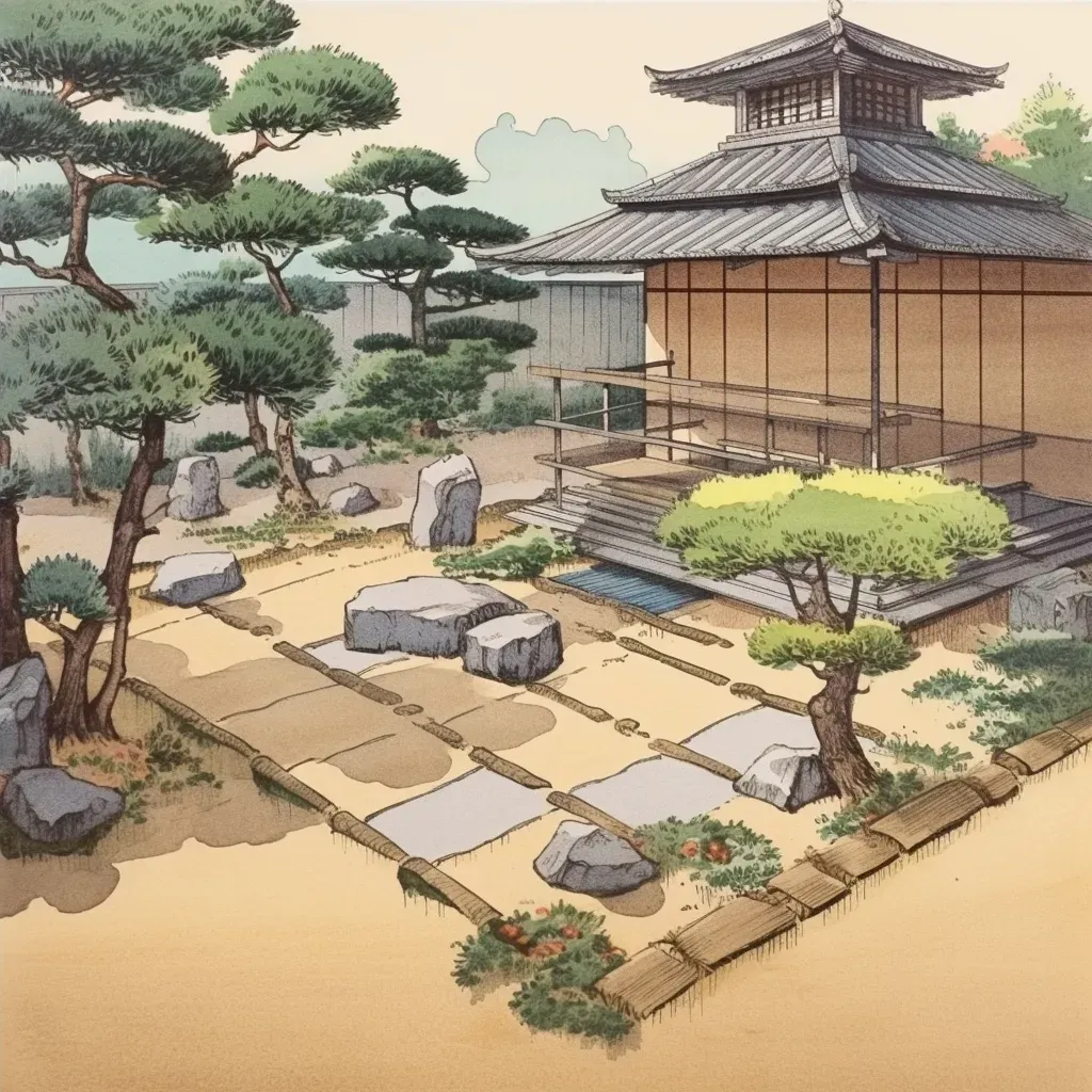 Tranquil Japanese Zen garden with small pond, stone lantern, and raked sand for contemplation - Image 4