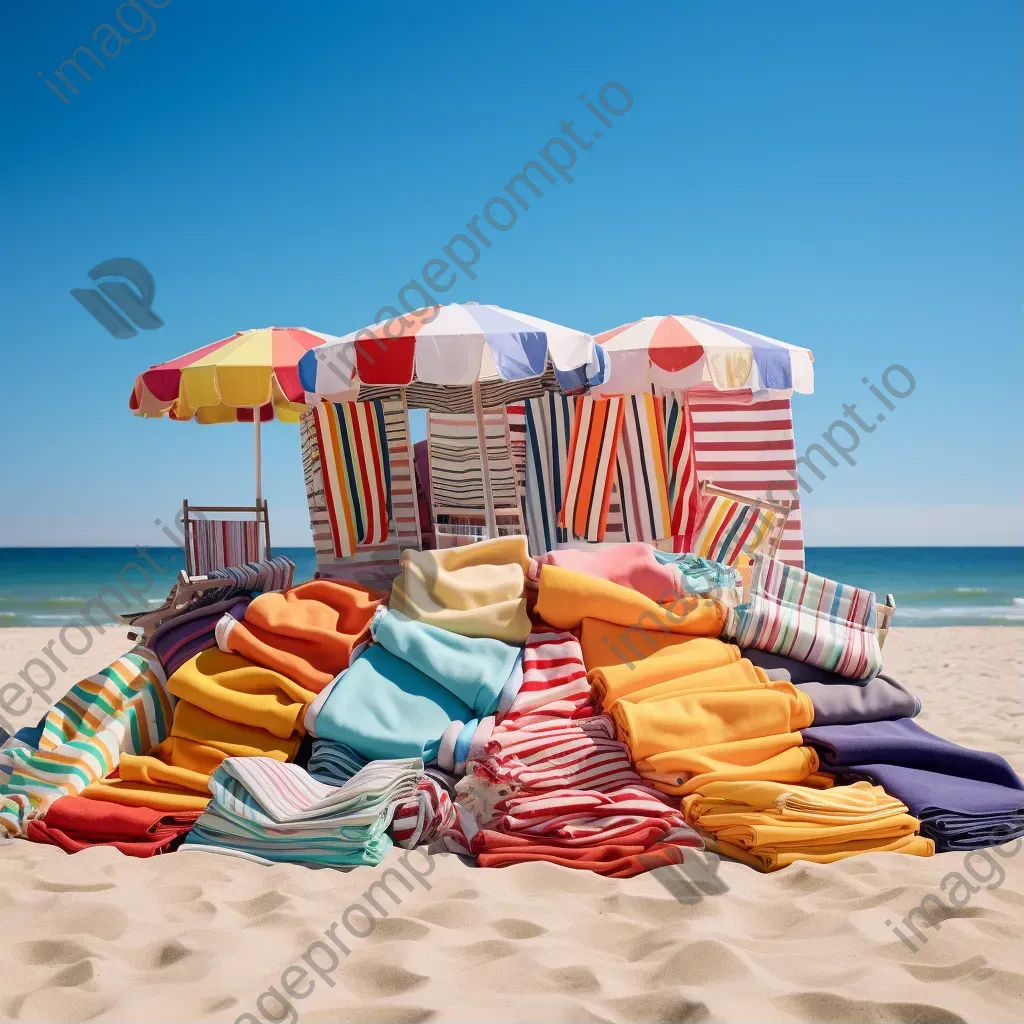 Aerial view of colorful beach towels, umbrellas, and beach chairs on a sandy beach - Image 1