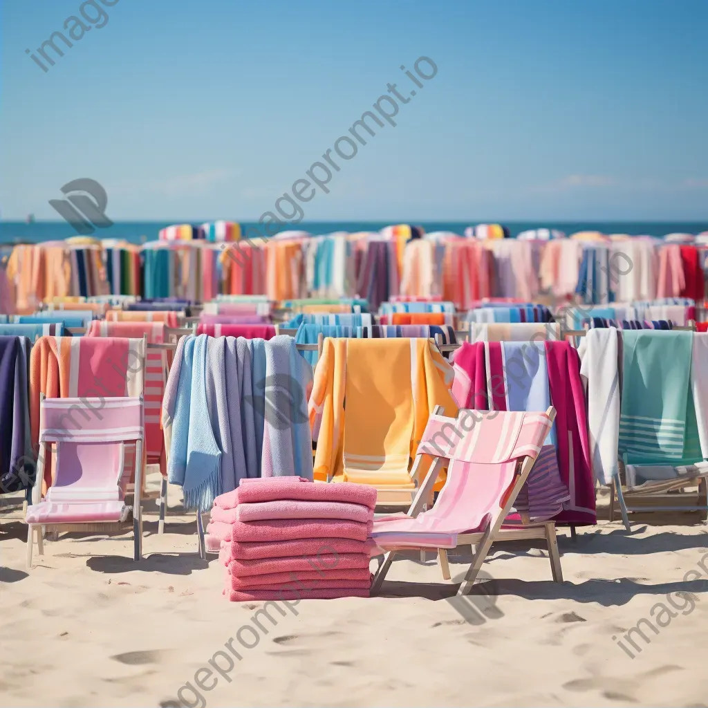 Aerial view of colorful beach towels, umbrellas, and beach chairs on a sandy beach - Image 2