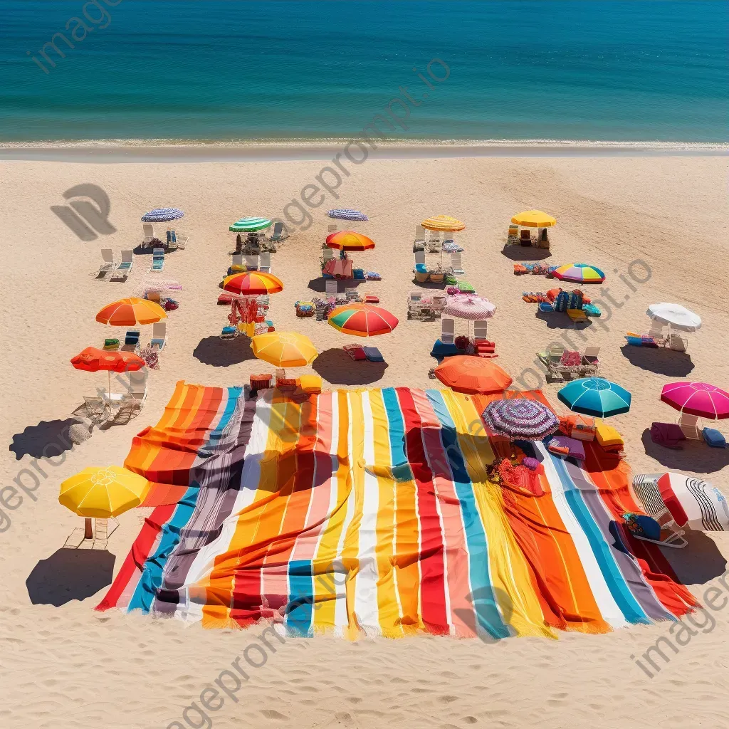 Aerial view of colorful beach towels, umbrellas, and beach chairs on a sandy beach - Image 3