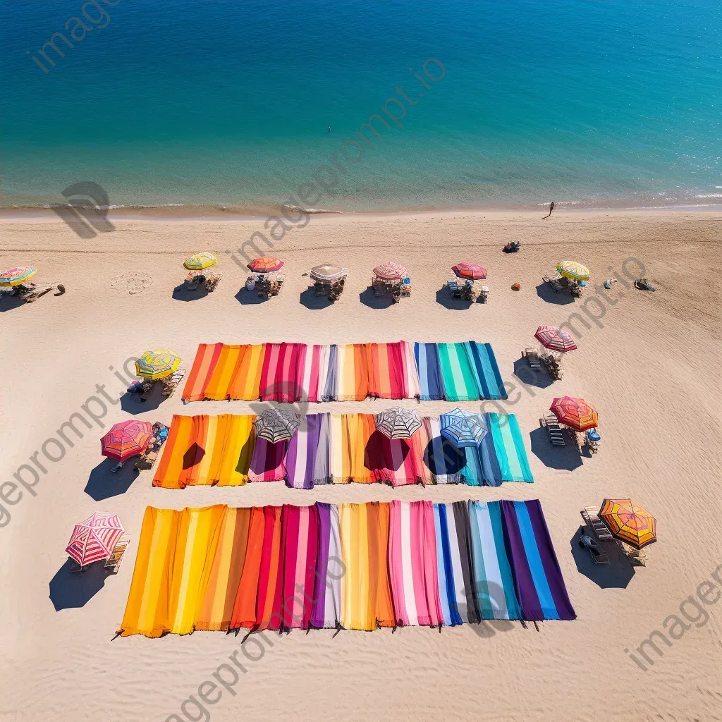 Aerial view of colorful beach towels, umbrellas, and beach chairs on a sandy beach - Image 4