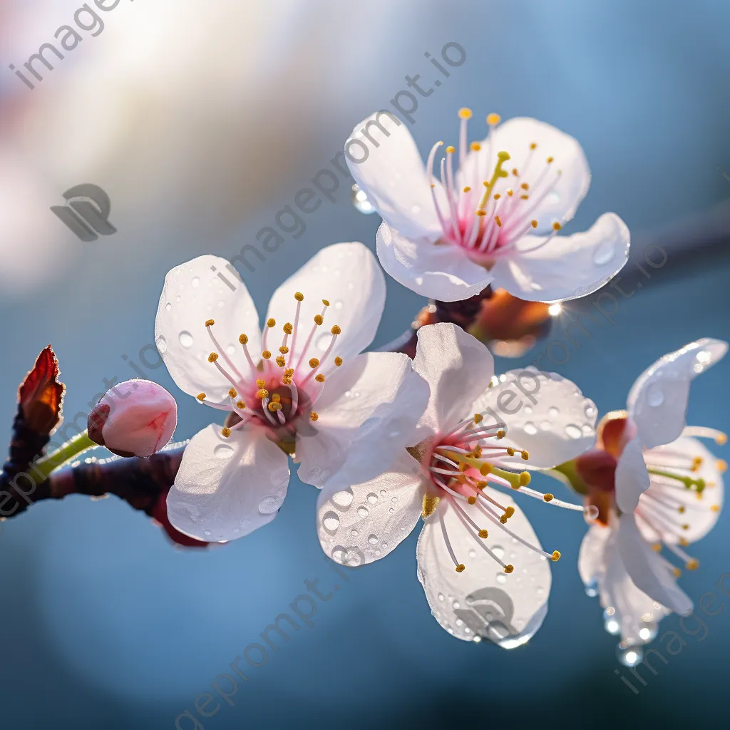 Close-up of dew-kissed cherry blossoms in morning light - Image 1