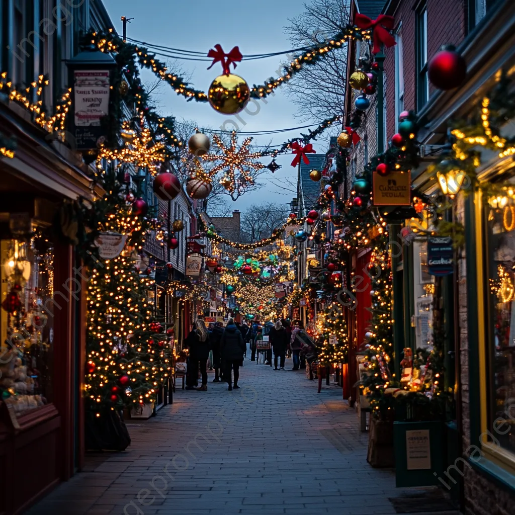 Christmas decorated street with shoppers in the evening - Image 1