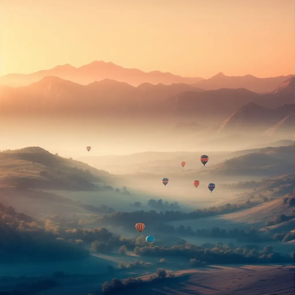 Aerial view of colorful hot air balloons floating over a valley at sunrise - Image 1