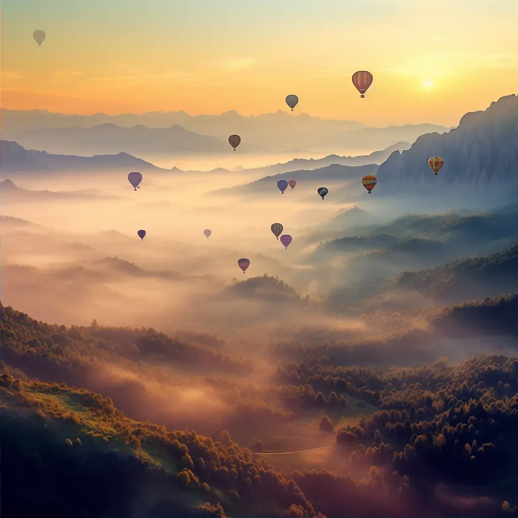 Aerial view of colorful hot air balloons floating over a valley at sunrise - Image 2