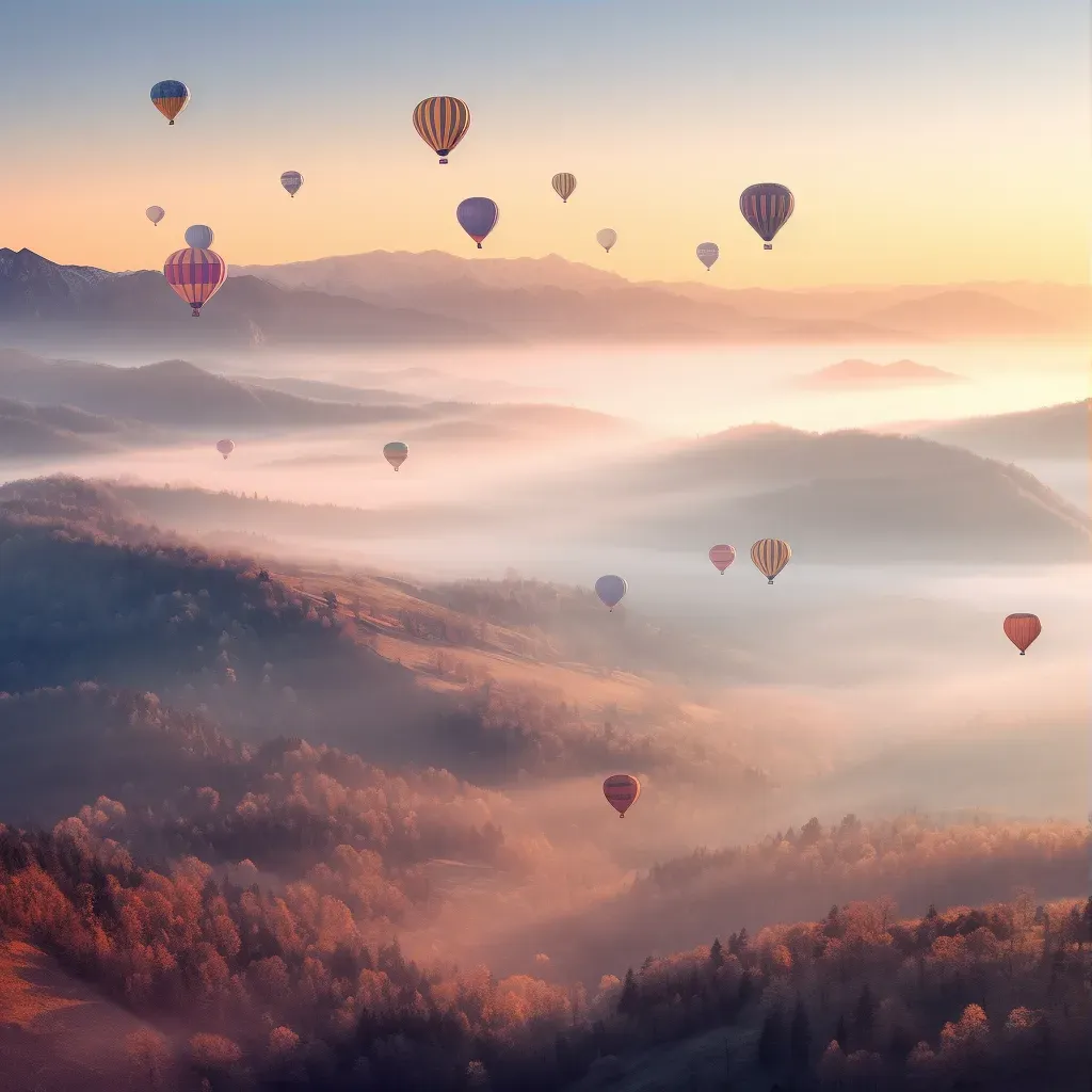 Aerial view of colorful hot air balloons floating over a valley at sunrise - Image 3