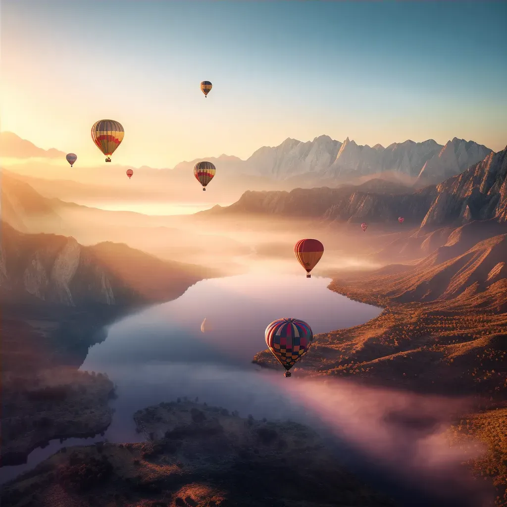 Aerial view of colorful hot air balloons floating over a valley at sunrise - Image 4