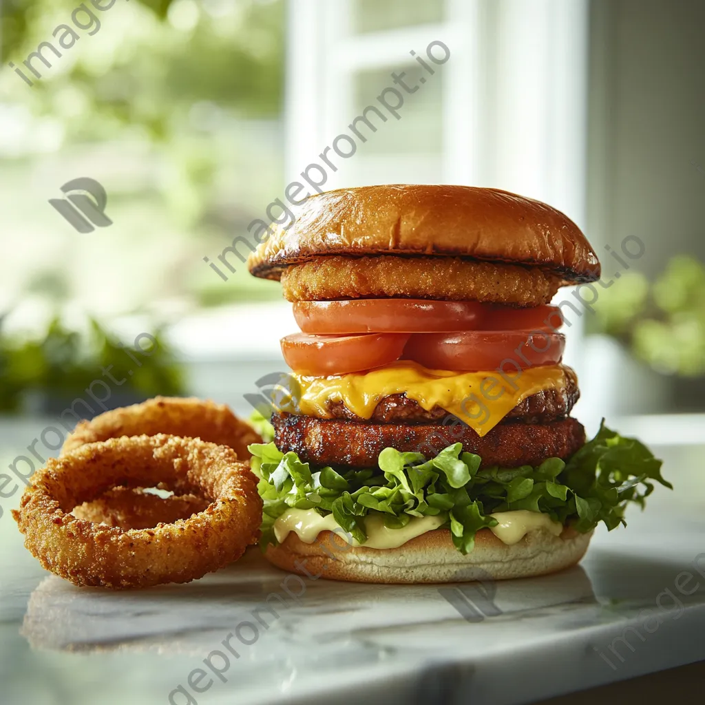 Stacked homemade burger with onion rings - Image 1