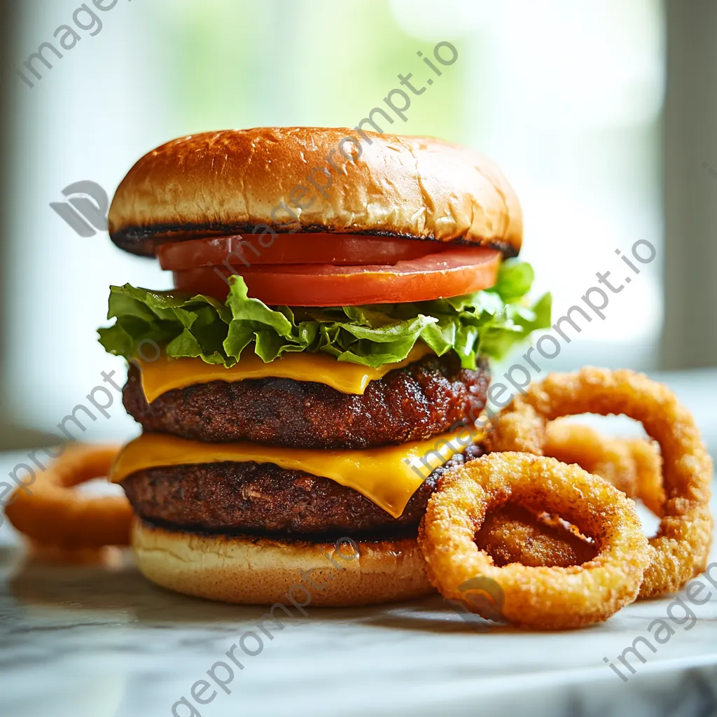 Stacked homemade burger with onion rings - Image 3