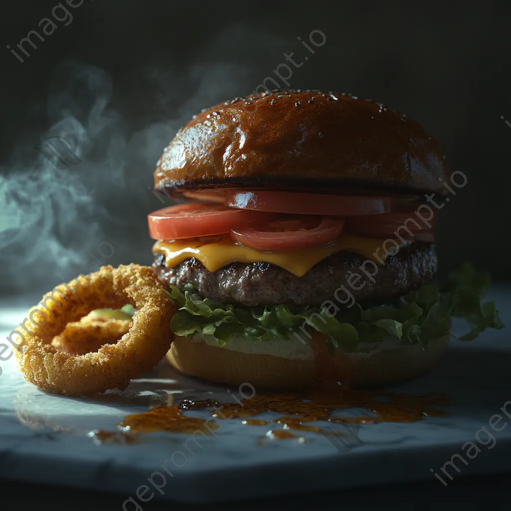 Stacked homemade burger with onion rings - Image 4