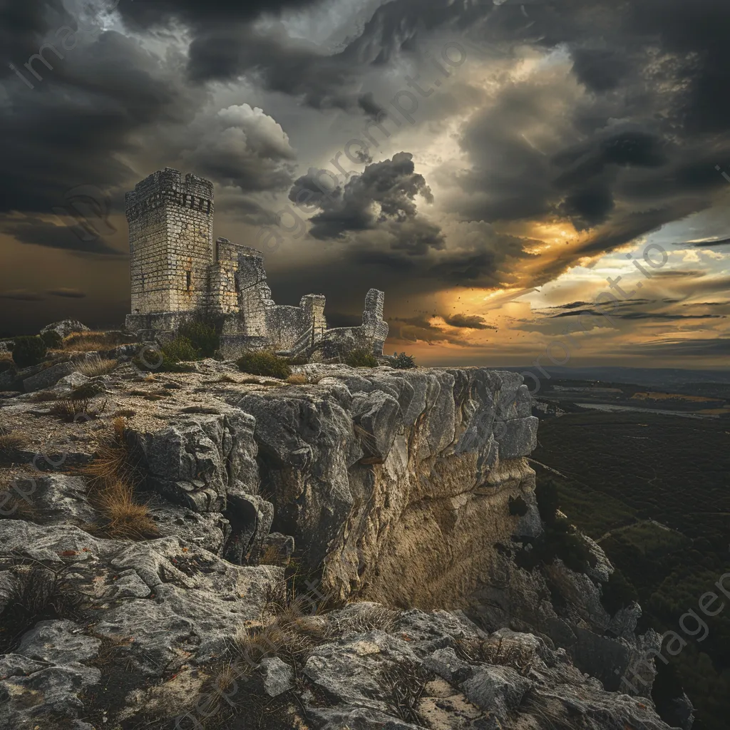 Old fortress ruins on a rocky cliff with dramatic clouds - Image 3