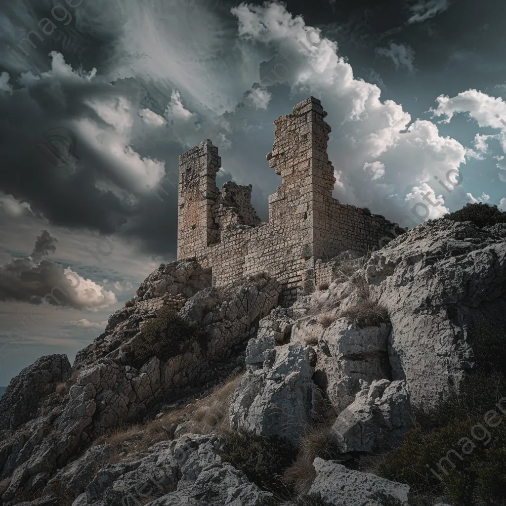 Old fortress ruins on a rocky cliff with dramatic clouds - Image 4