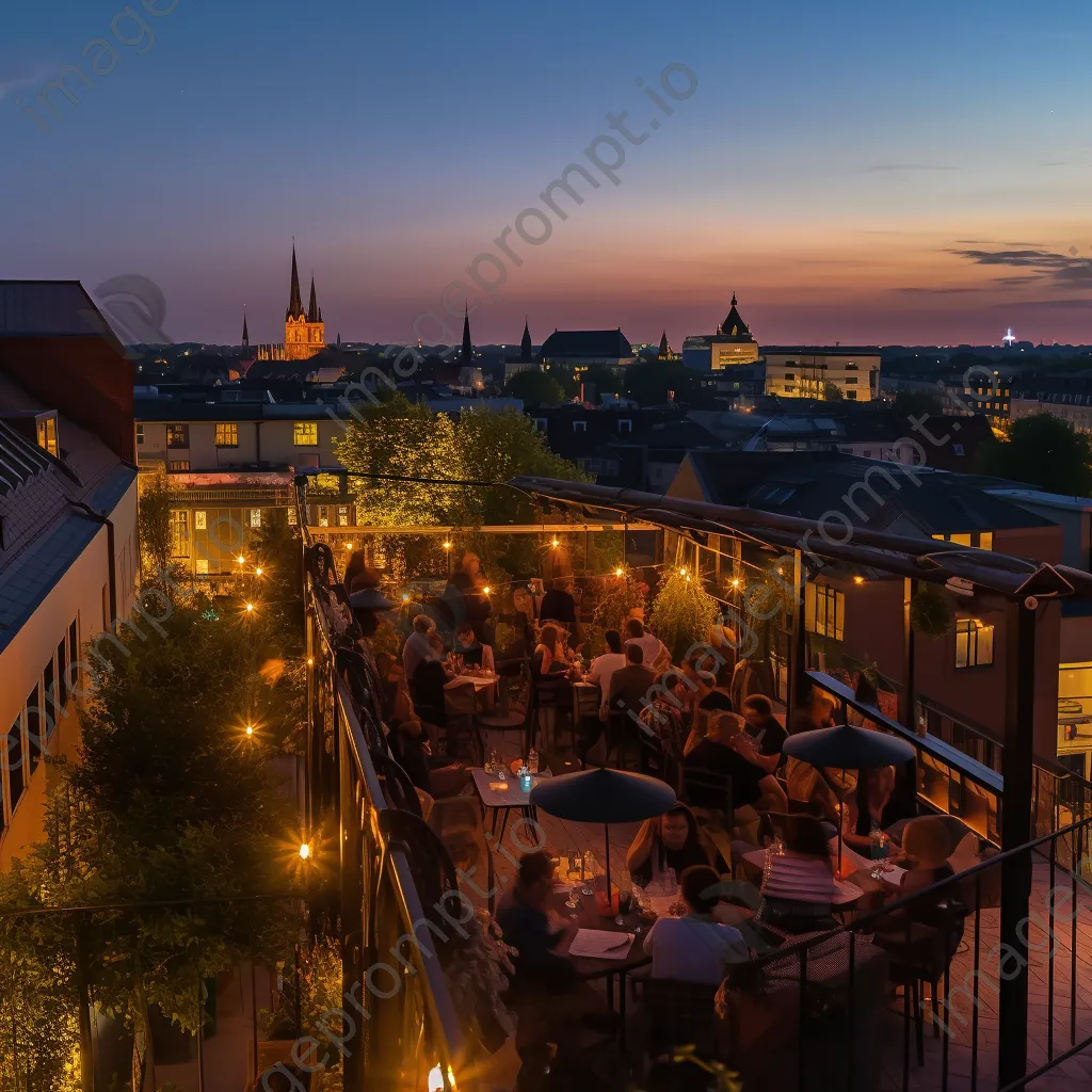 A rooftop terrace filled with people during a summer evening party - Image 1