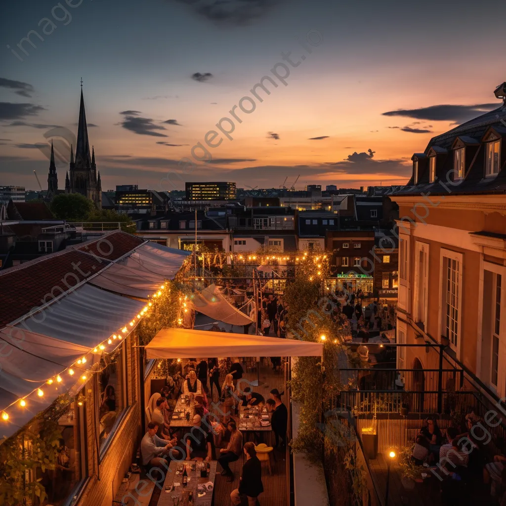 A rooftop terrace filled with people during a summer evening party - Image 2