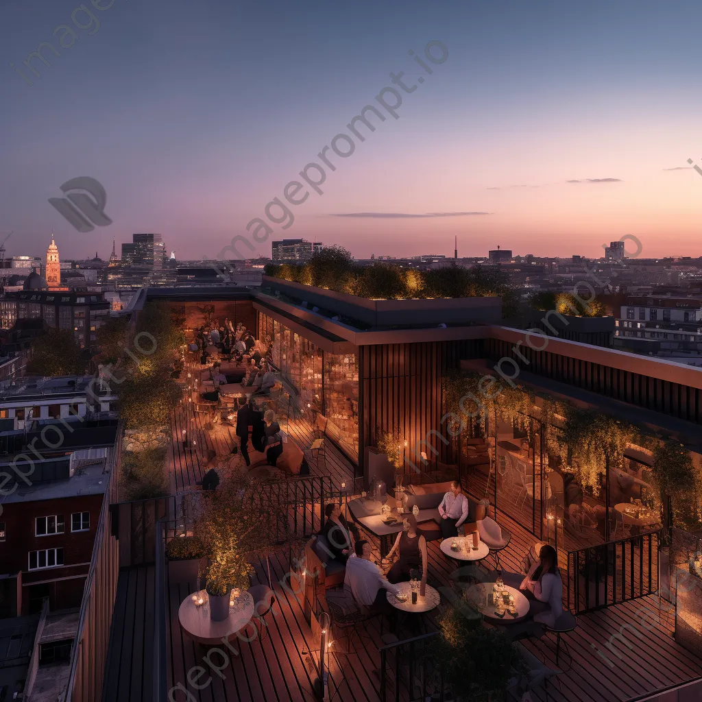 A rooftop terrace filled with people during a summer evening party - Image 3