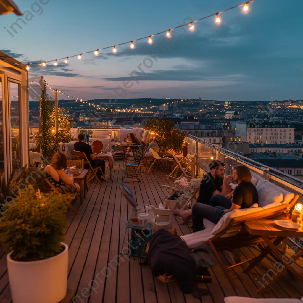 A rooftop terrace filled with people during a summer evening party - Image 4