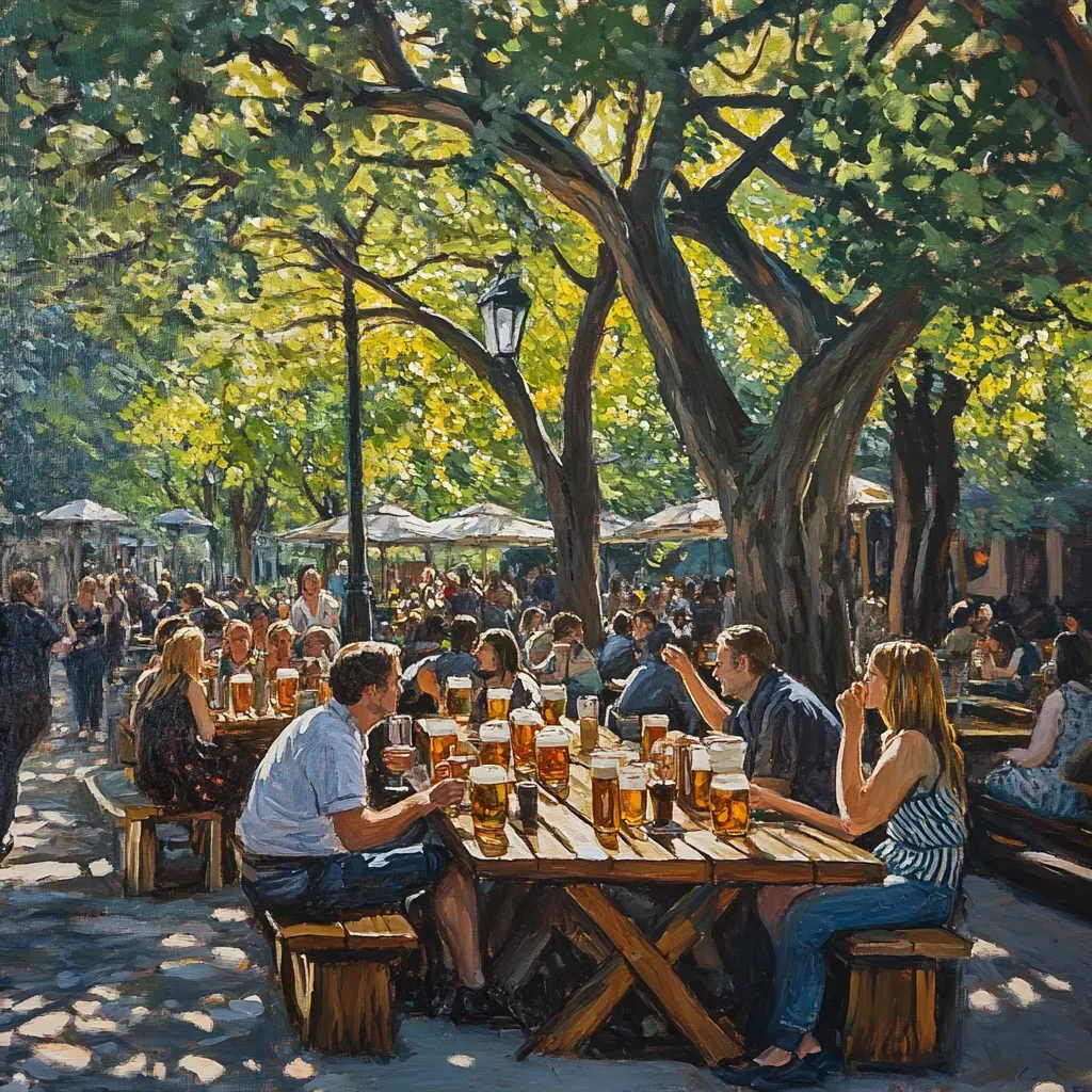 Summer gathering in a German beer garden with steins clinking and pretzels being shared - Image 1