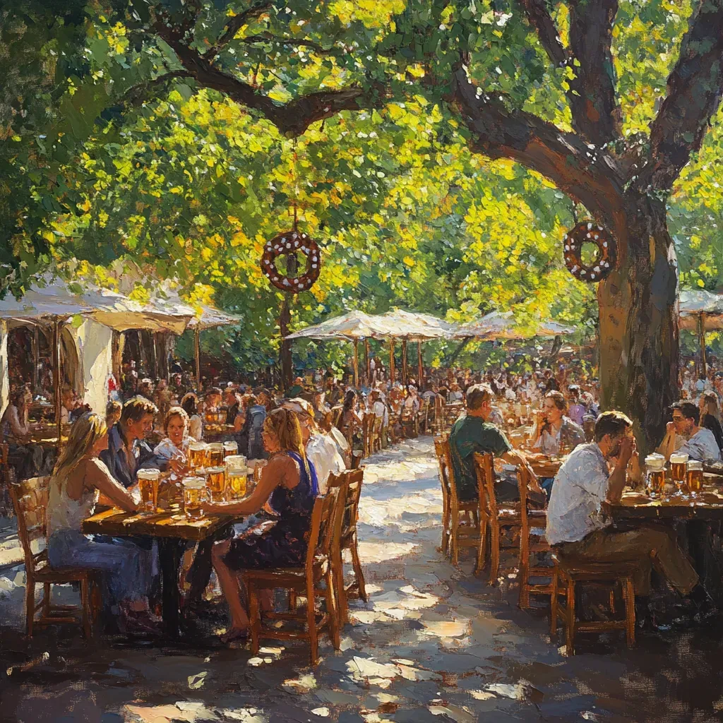 Summer gathering in a German beer garden with steins clinking and pretzels being shared - Image 3