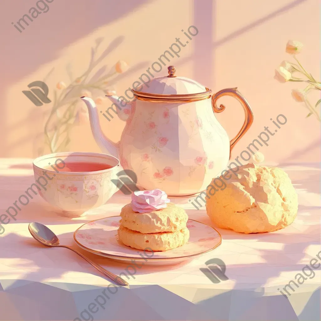 Afternoon tea setup with teapot and scones represented in pastel-toned, low poly style - Image 1