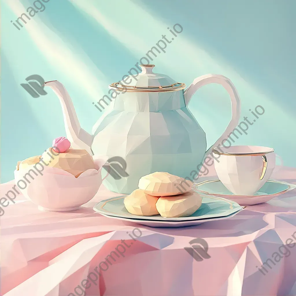 Afternoon tea setup with teapot and scones represented in pastel-toned, low poly style - Image 2