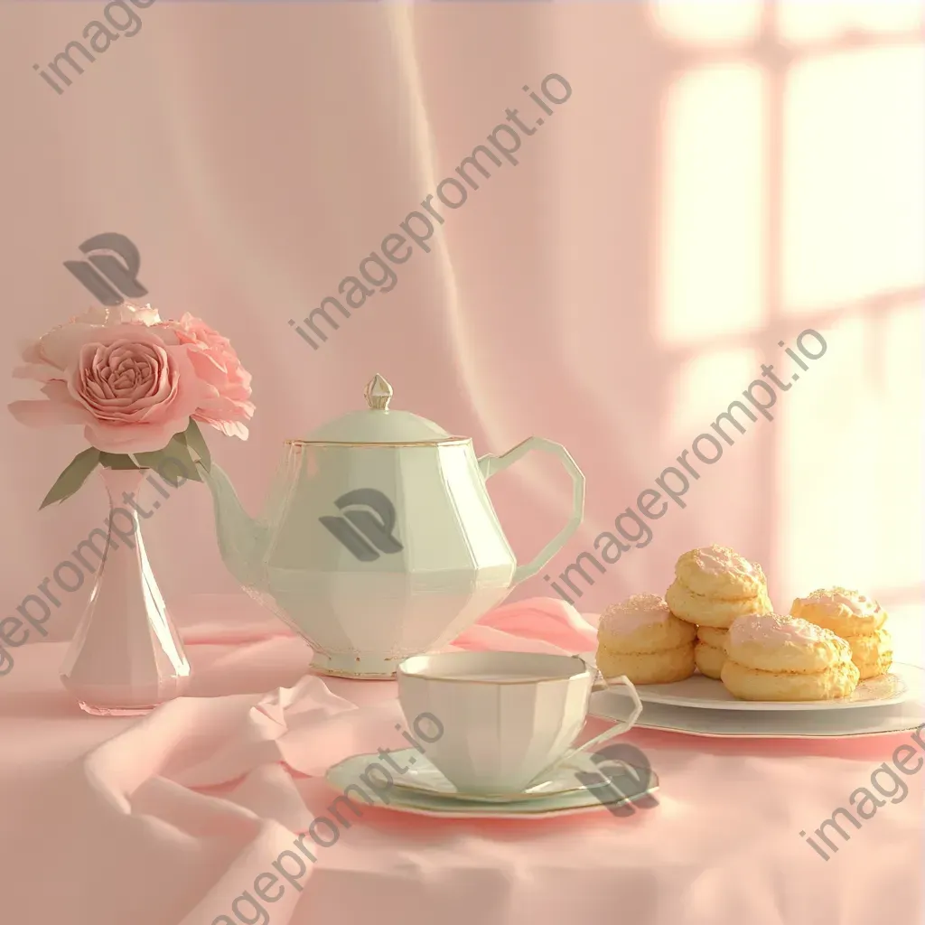 Afternoon tea setup with teapot and scones represented in pastel-toned, low poly style - Image 3