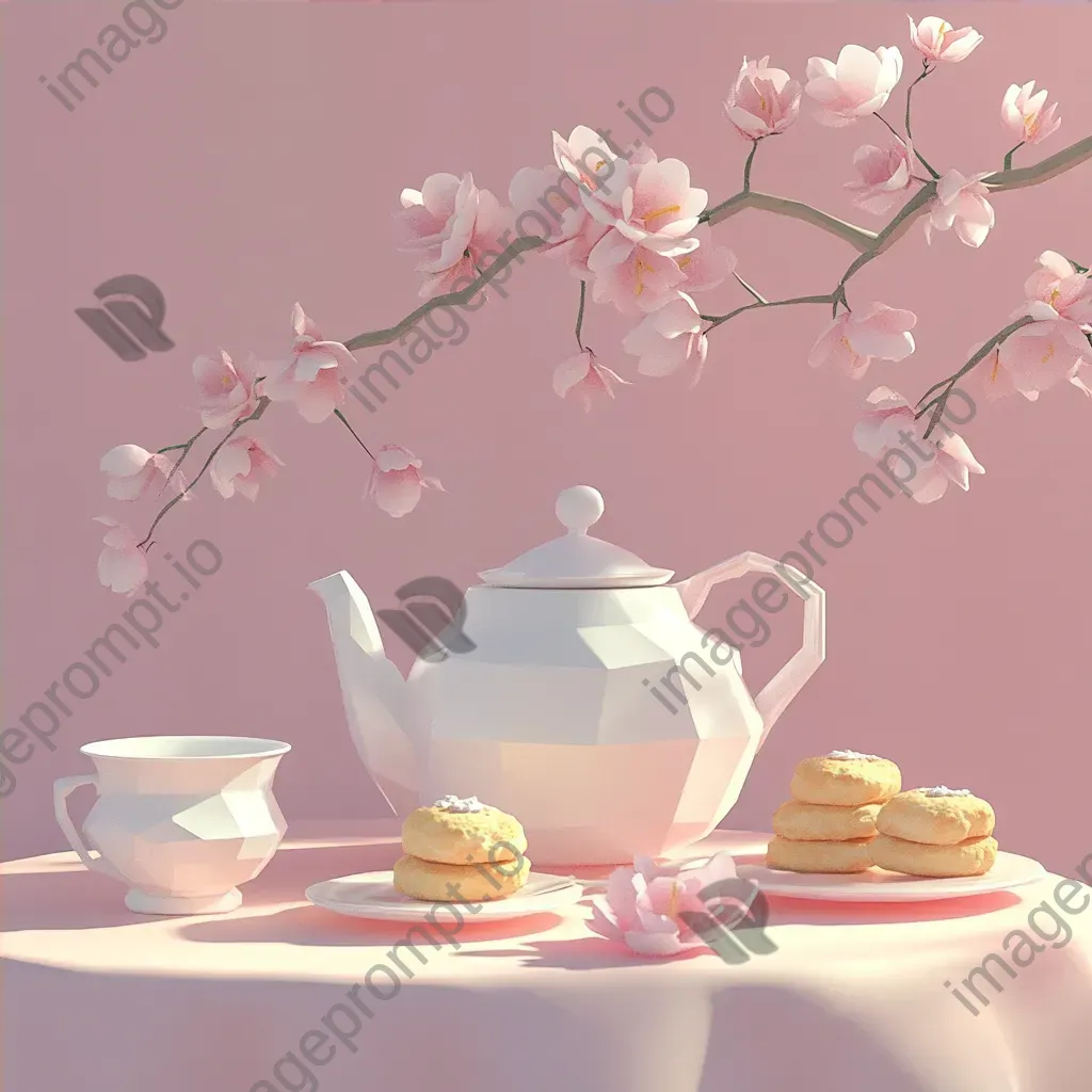 Afternoon tea setup with teapot and scones represented in pastel-toned, low poly style - Image 4