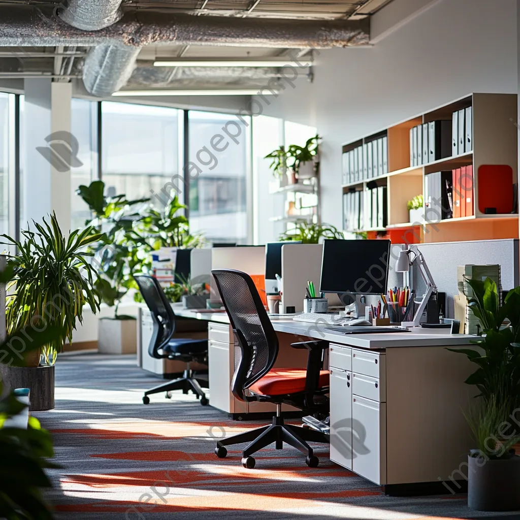 Collaborative office space with organized desks and shared office supplies - Image 2