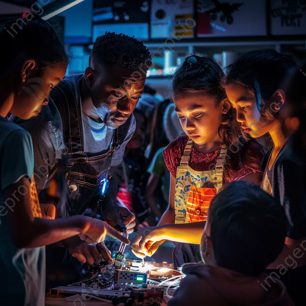 Students collaborating in a robotics workshop guided by a teacher. - Image 3