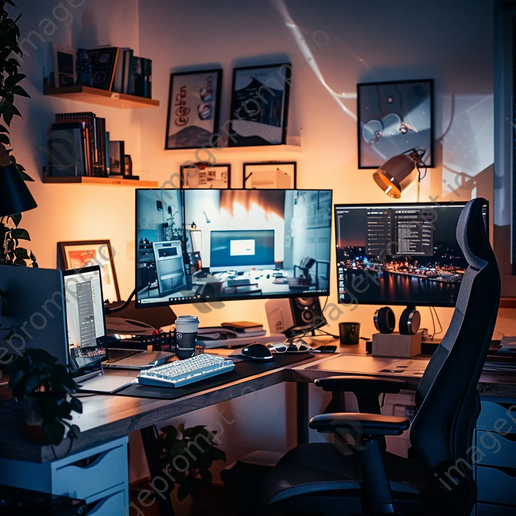 Home office with multiple screens and smart devices in cool light - Image 1