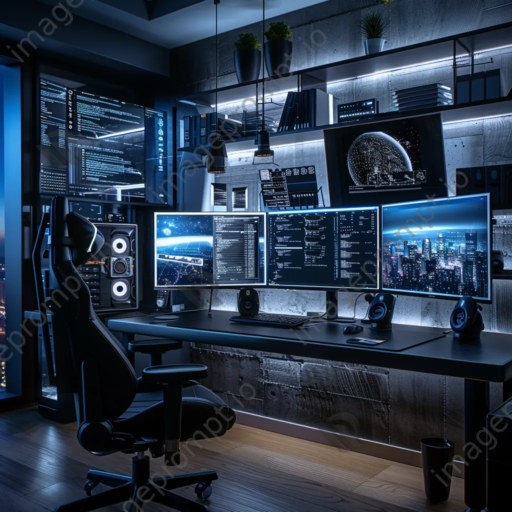 Home office with multiple screens and smart devices in cool light - Image 2