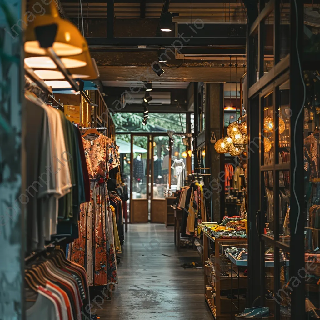 Interior of a clothing store featuring diverse clothing styles and bright displays. - Image 1