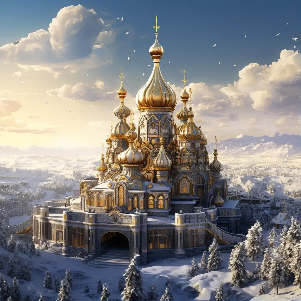 Ornate Russian Orthodox church with golden domes in a snowy landscape - Image 1