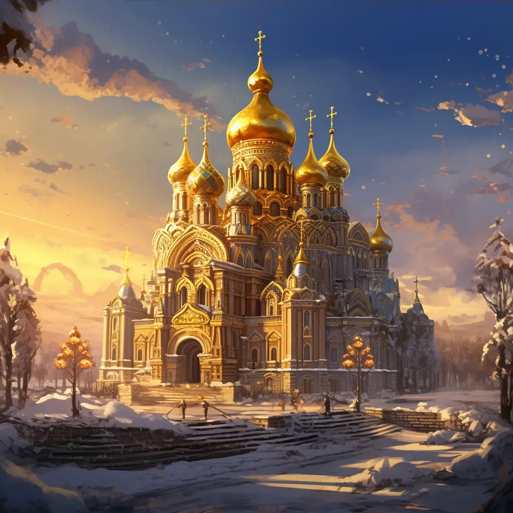 Ornate Russian Orthodox church with golden domes in a snowy landscape - Image 3