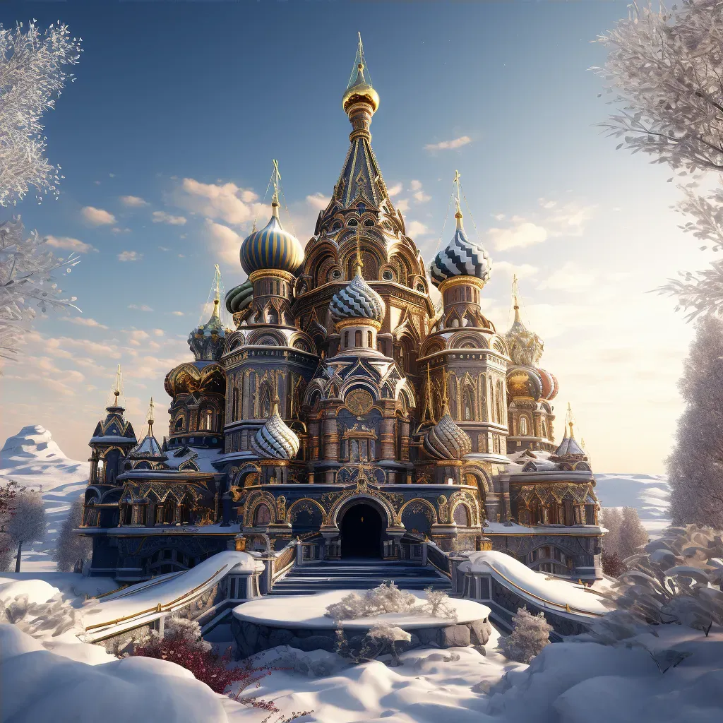 Ornate Russian Orthodox church with golden domes in a snowy landscape - Image 4