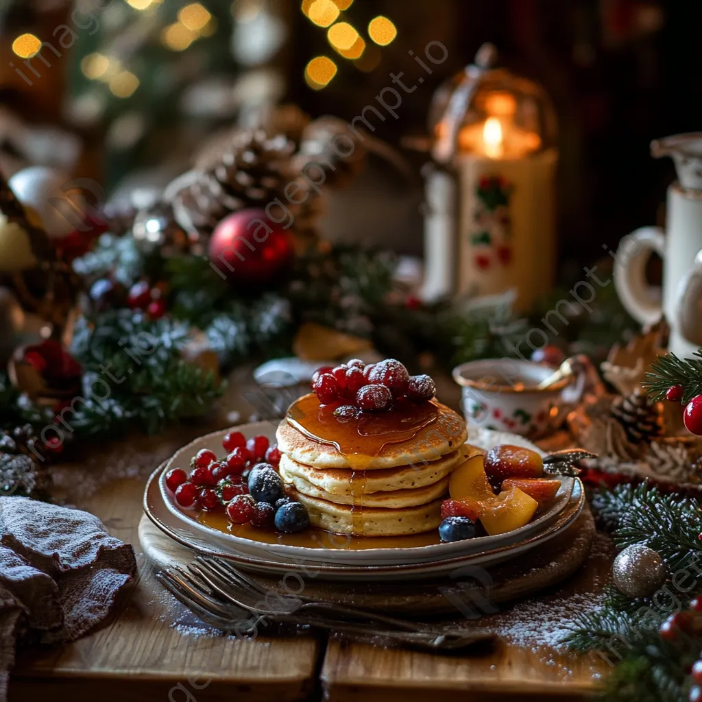 Christmas breakfast table with pancakes and decorations - Image 1