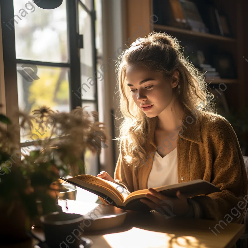 A young woman reading a book in a café with sunlight streaming through the window. - Image 1