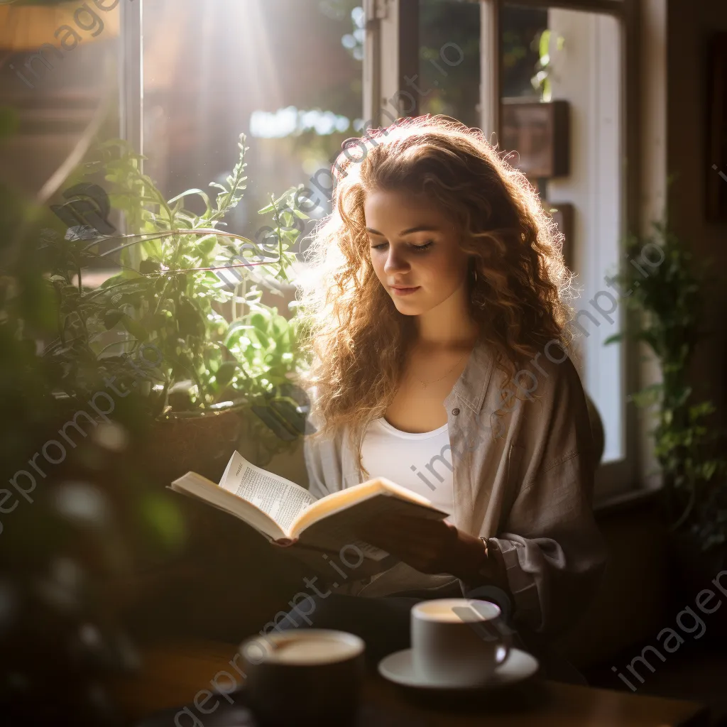 A young woman reading a book in a café with sunlight streaming through the window. - Image 2