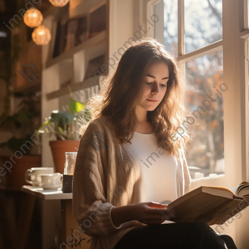 A young woman reading a book in a café with sunlight streaming through the window. - Image 3