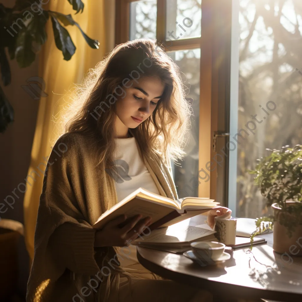 A young woman reading a book in a café with sunlight streaming through the window. - Image 4