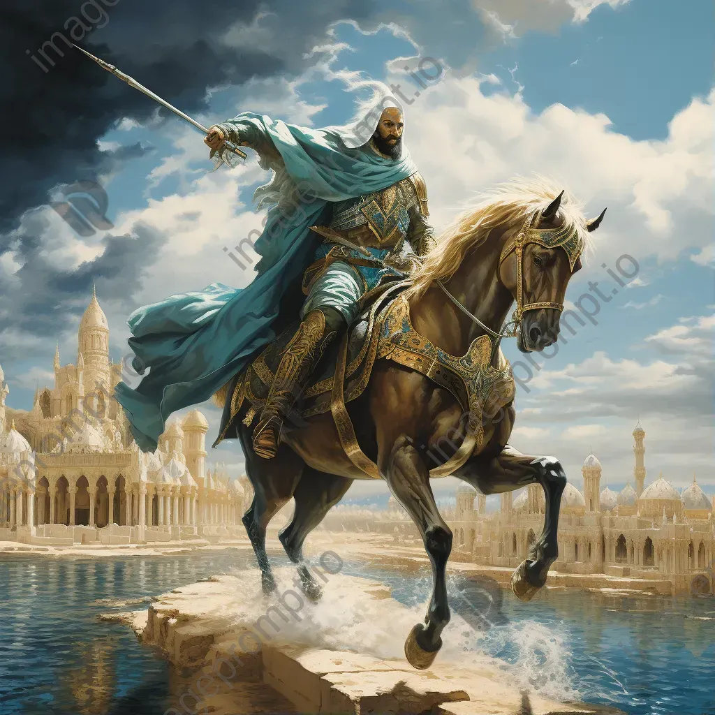 Fantasy-inspired portrayal of Saladin in triumph against an ancient Middle Eastern cityscape - Image 1