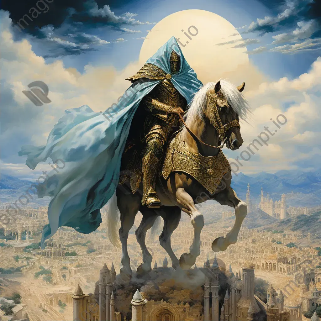 Fantasy-inspired portrayal of Saladin in triumph against an ancient Middle Eastern cityscape - Image 2